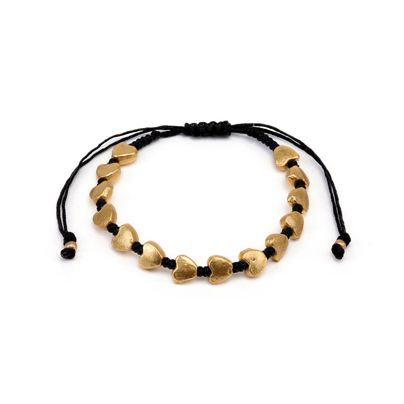 Black string adjustable bracelet with gold plated hearts
