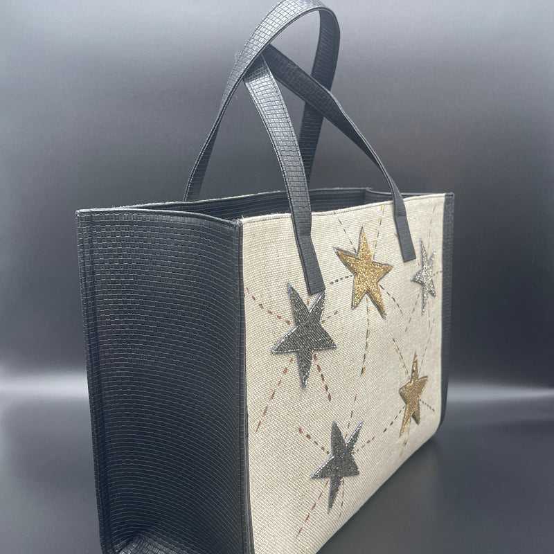 Burlap beige with beaded stars - Tote Bag