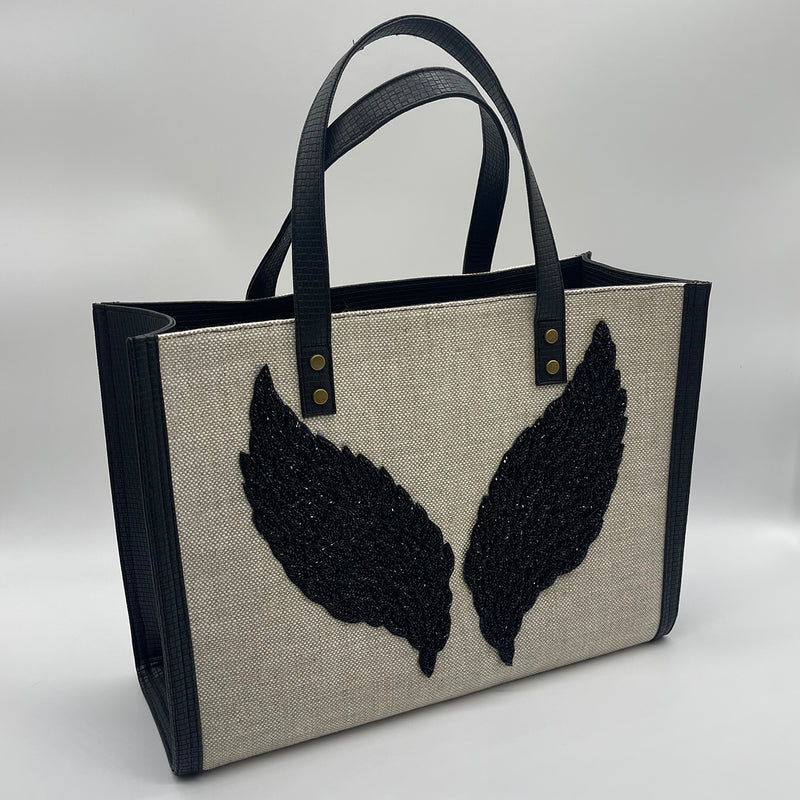 Burlap with black wings - Tote Bag/Black