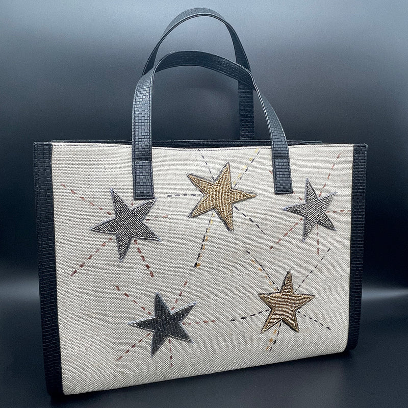 Burlap beige with beaded stars - Tote Bag