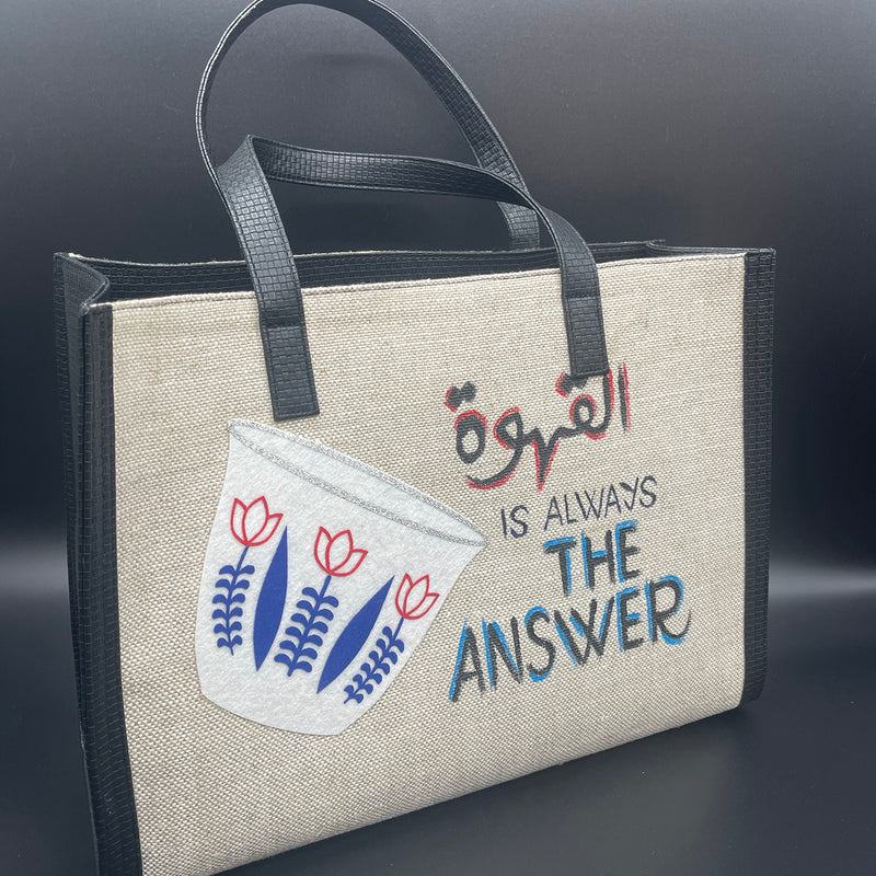 Burlap beige with shaffe Coffee is always the answer - Tote Bag/Black