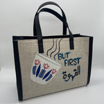 Burlap beige with shaffe but First Coffee - Tote Bag/Black