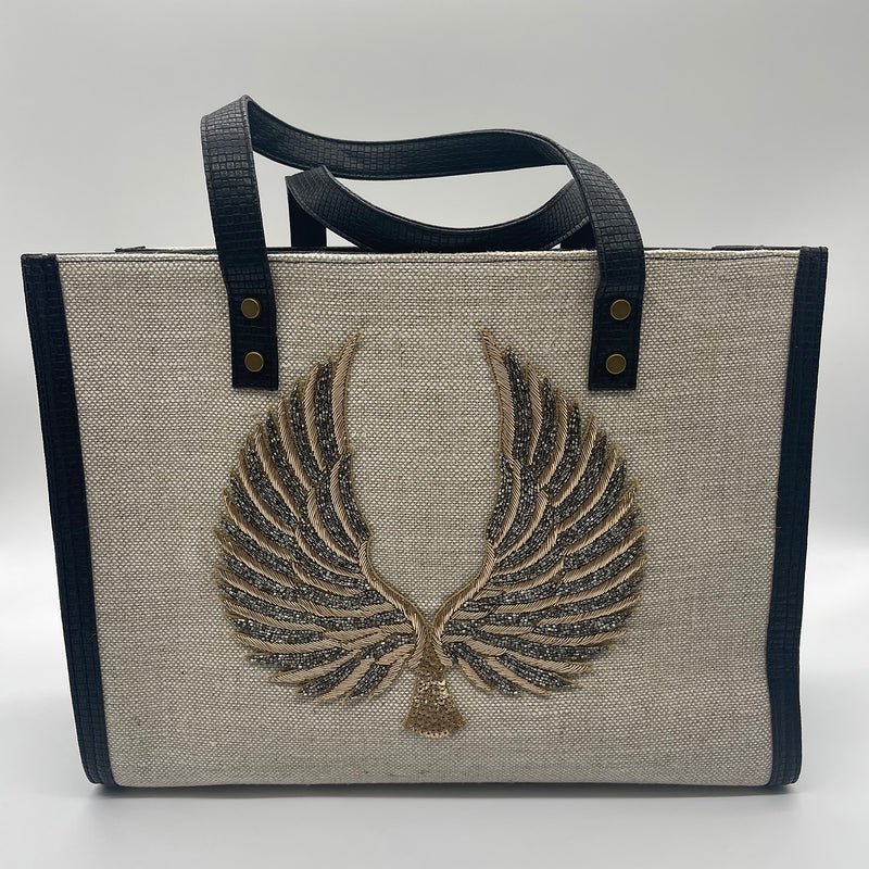 Burlap beige with wings - Tote Bag/Black