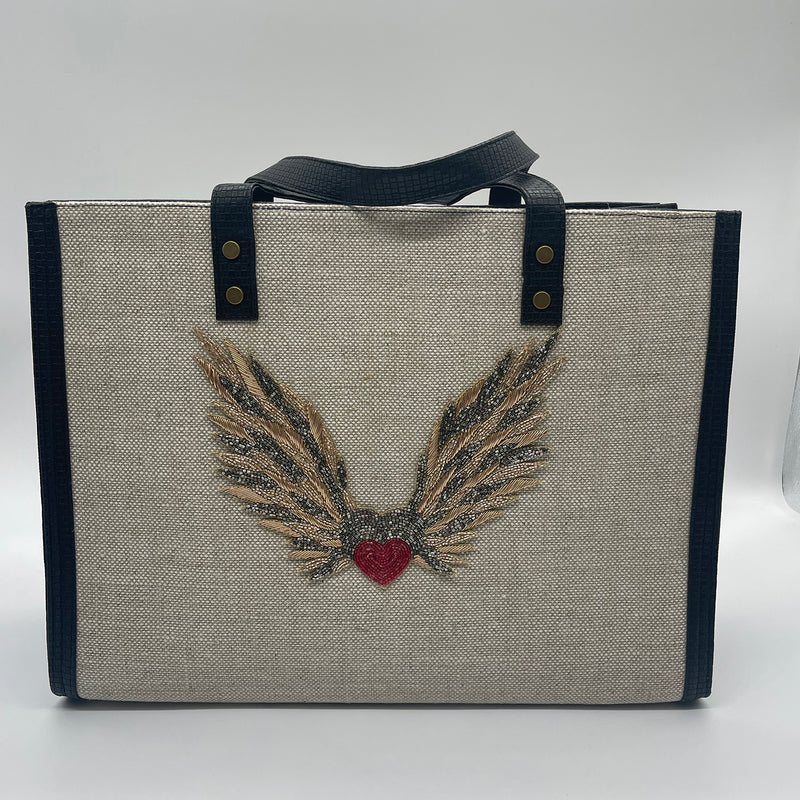 Burlap beige with wings and heart - Tote Bag