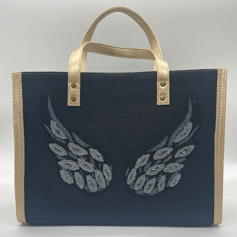 Burlap black with wings - Tote Bag/Gold
