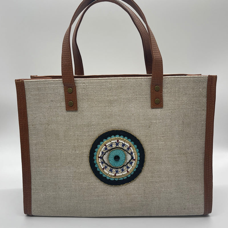 Burlap black with evil eye - Tote Bag/Brown