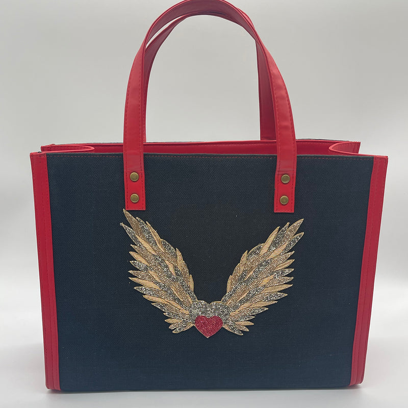 Burlap black with wings - Tote Bag/Red